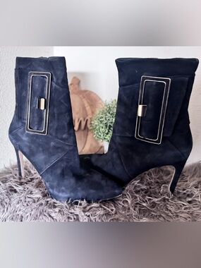 Via Spiga Black Suede Ankle Booties with Gold Accent Buckles